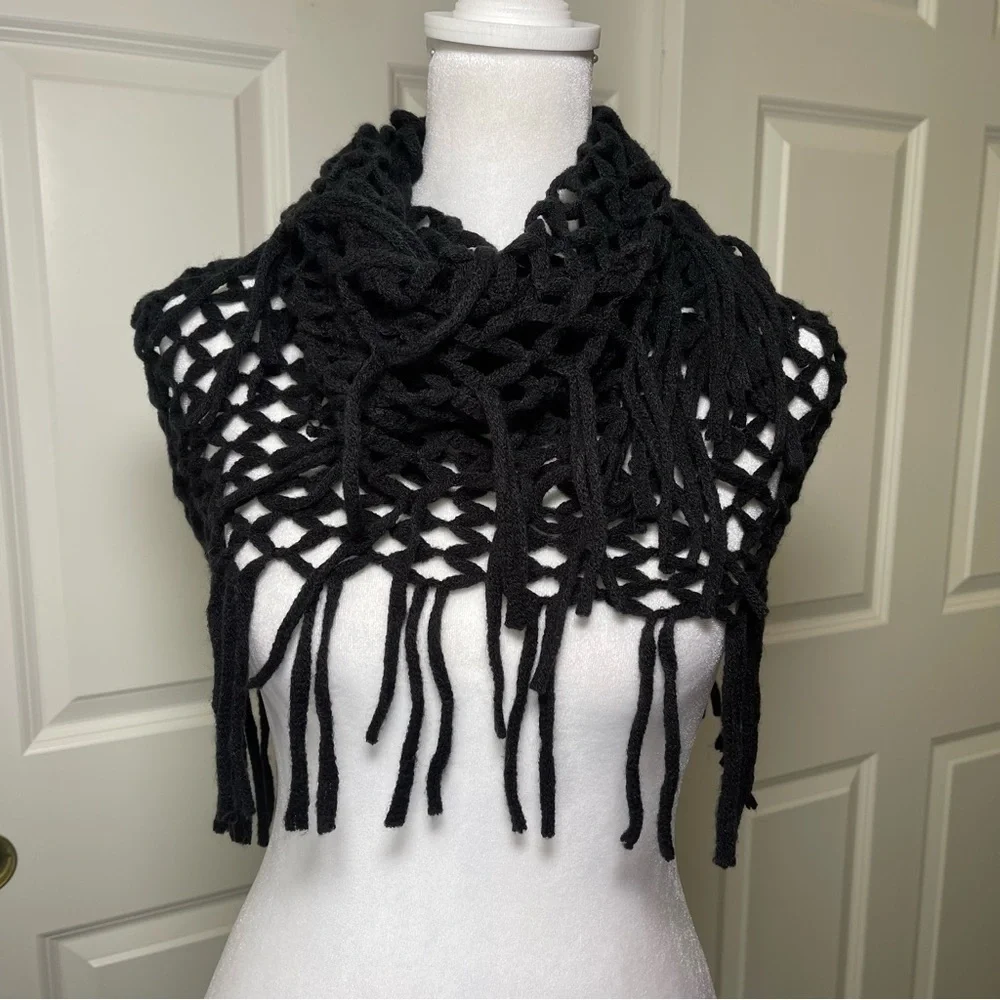 Two Lightweight Infinity Scarves Black White Diamond Pattern Tassels Acrylic